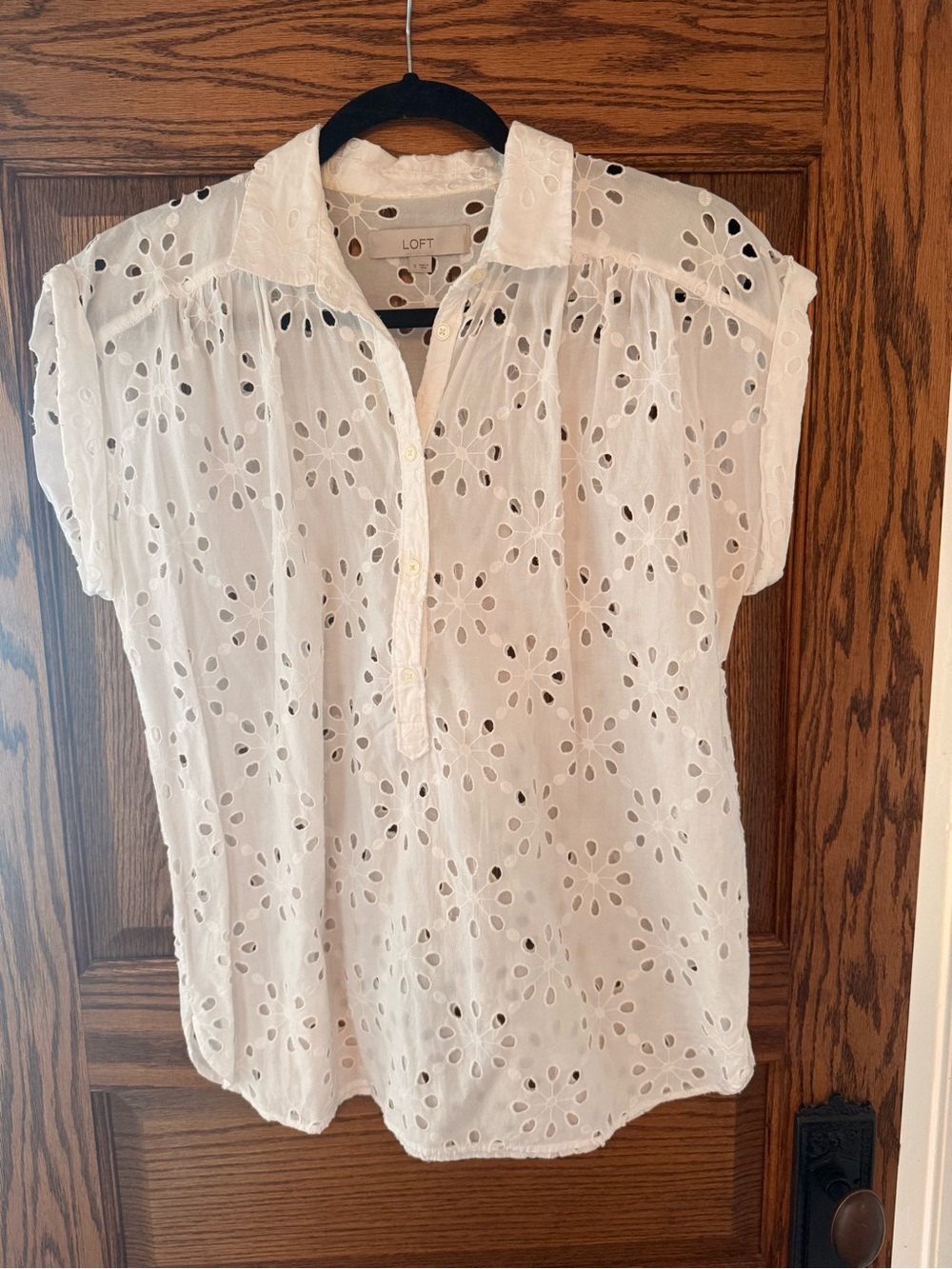 LOFT White Floral Eyelet Short-Sleeve Popover Blouse